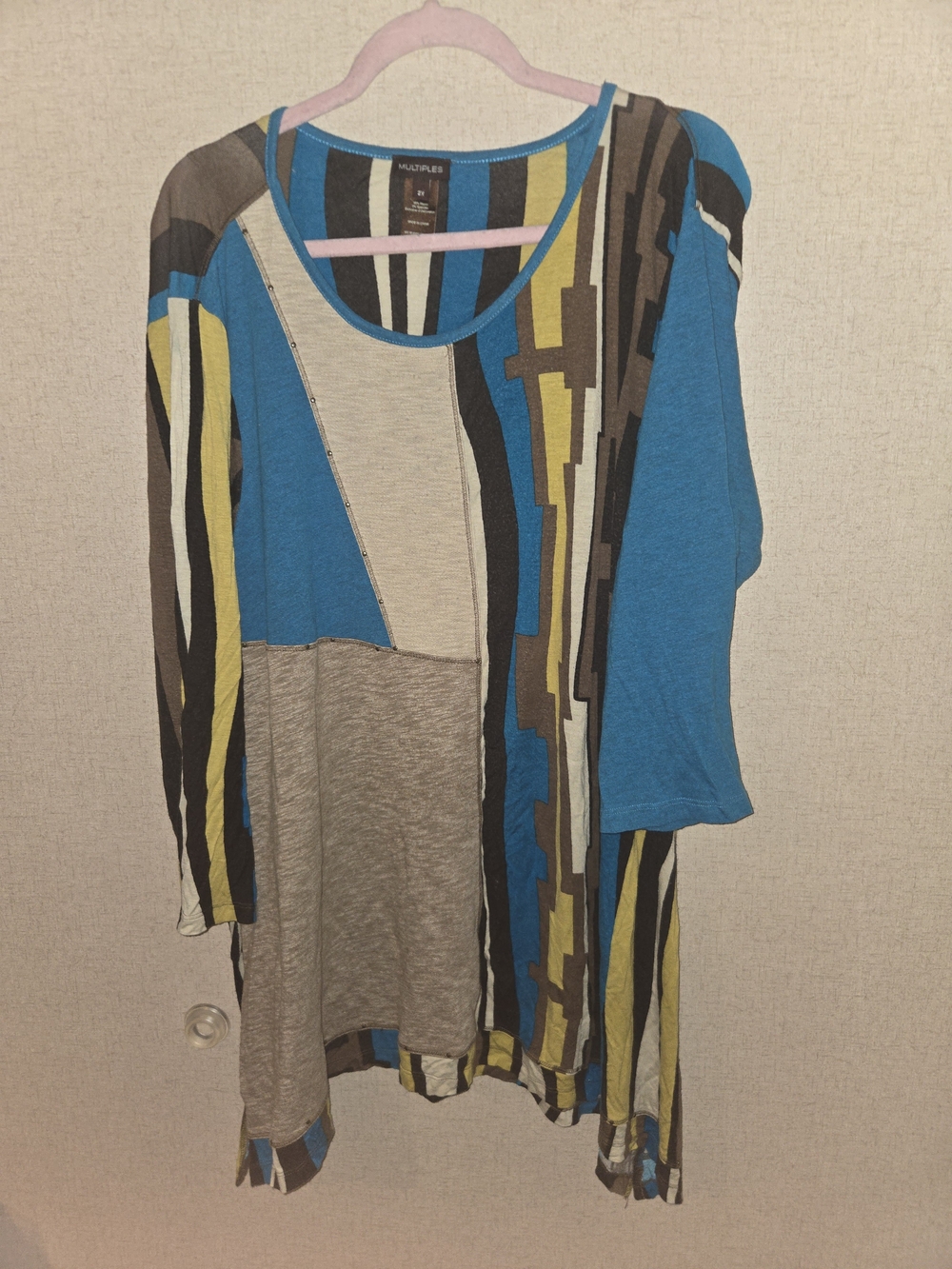 Multipiles Blue, Gray & Yellow Patchwork Long Sleeve Tunic